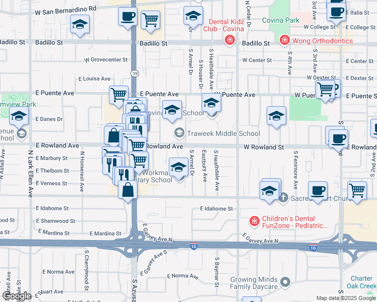 map of restaurants, bars, coffee shops, grocery stores, and more near 613 South Armel Drive in Covina