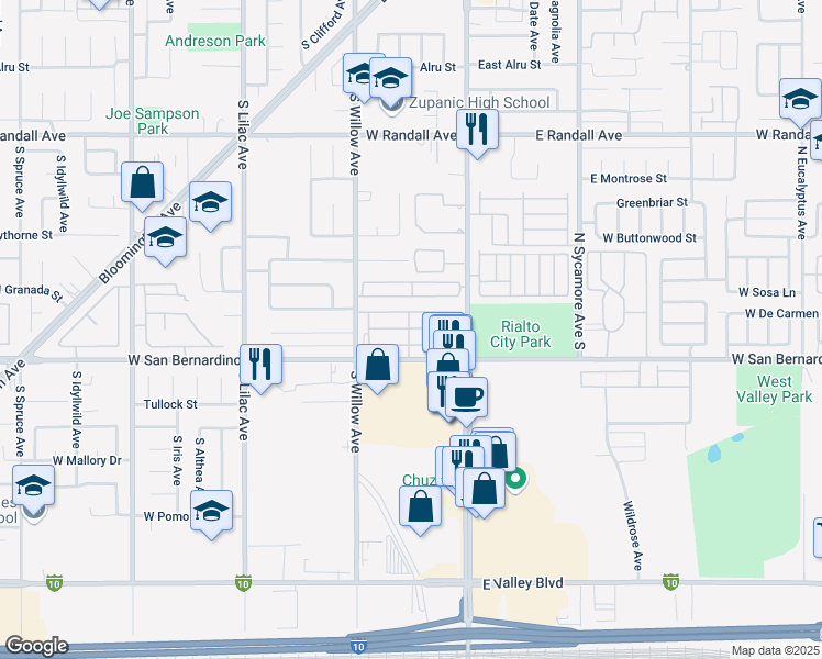 map of restaurants, bars, coffee shops, grocery stores, and more near 200 West San Bernardino Avenue in Rialto