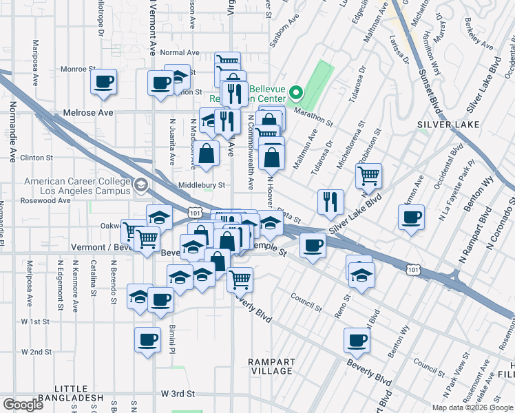 map of restaurants, bars, coffee shops, grocery stores, and more near 432 North Commonwealth Avenue in Los Angeles