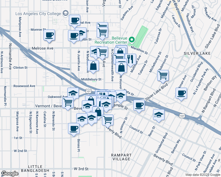 map of restaurants, bars, coffee shops, grocery stores, and more near 420 North Commonwealth Avenue in Los Angeles