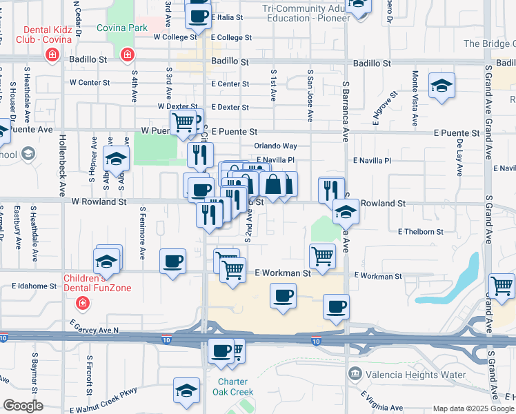 map of restaurants, bars, coffee shops, grocery stores, and more near 256 East Rowland Street in Covina