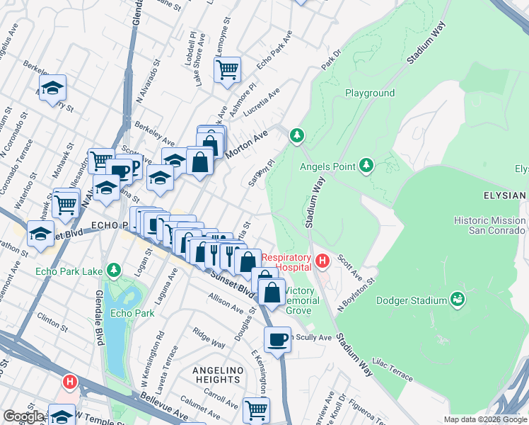 map of restaurants, bars, coffee shops, grocery stores, and more near 6599 Elysian Park Drive in Los Angeles