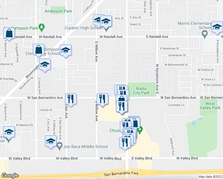 map of restaurants, bars, coffee shops, grocery stores, and more near 200 West San Bernardino Avenue in Rialto