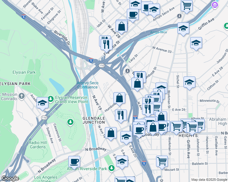 map of restaurants, bars, coffee shops, grocery stores, and more near 338 North Avenue 21 in Los Angeles