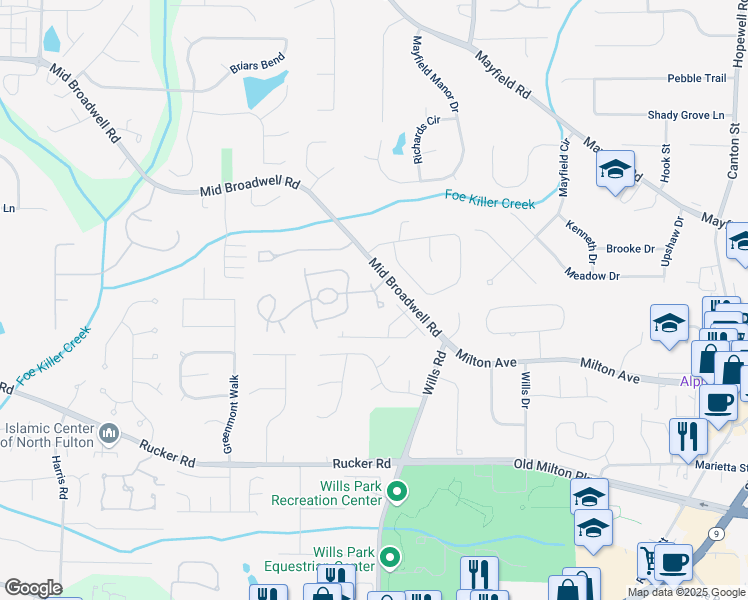 map of restaurants, bars, coffee shops, grocery stores, and more near 17104 Lexington Farms Drive in Alpharetta
