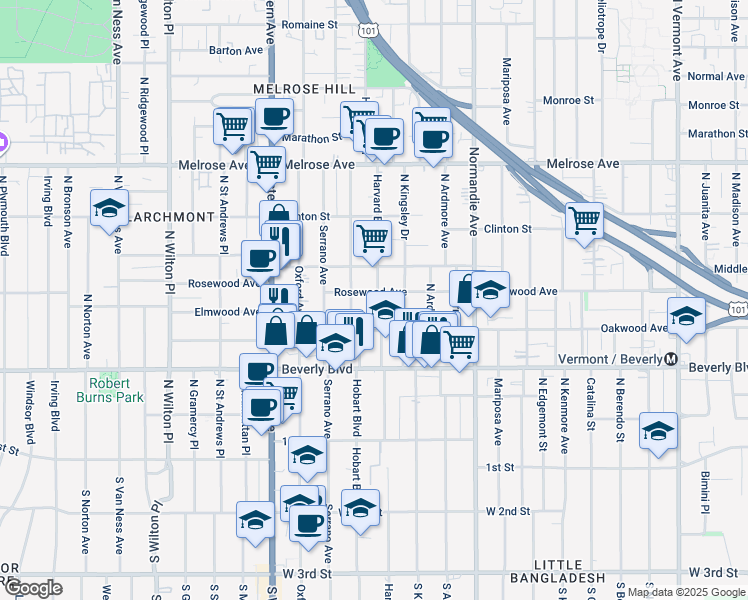 map of restaurants, bars, coffee shops, grocery stores, and more near 837 North Harvard Boulevard in Los Angeles
