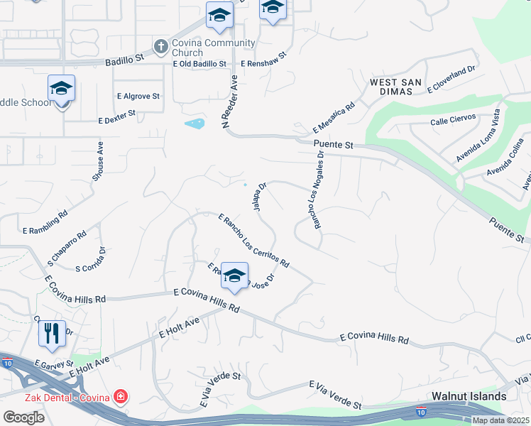 map of restaurants, bars, coffee shops, grocery stores, and more near 620 Jalapa Drive in Covina