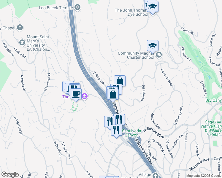 map of restaurants, bars, coffee shops, grocery stores, and more near 11715 Bellagio Road in Los Angeles