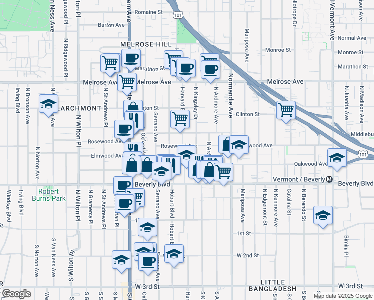 map of restaurants, bars, coffee shops, grocery stores, and more near 436 North Harvard Boulevard in Los Angeles