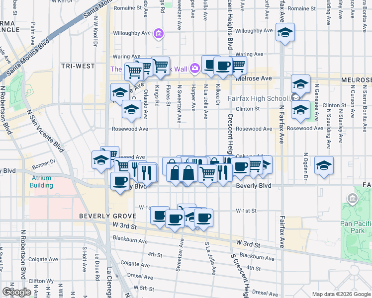 map of restaurants, bars, coffee shops, grocery stores, and more near 411 North Harper Avenue in Los Angeles