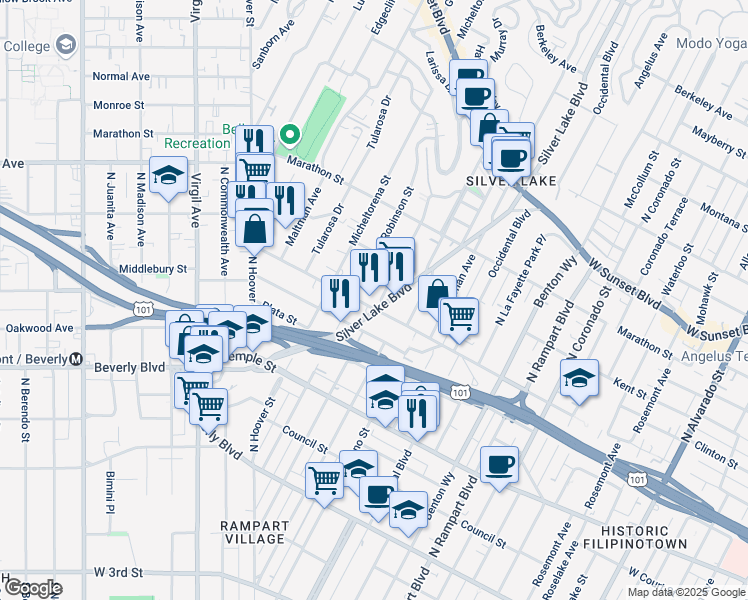 map of restaurants, bars, coffee shops, grocery stores, and more near 3207 Bellevue Avenue in Los Angeles