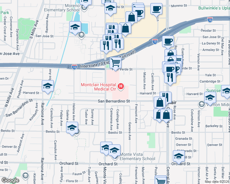 map of restaurants, bars, coffee shops, grocery stores, and more near 4950 San Bernardino Street in Montclair