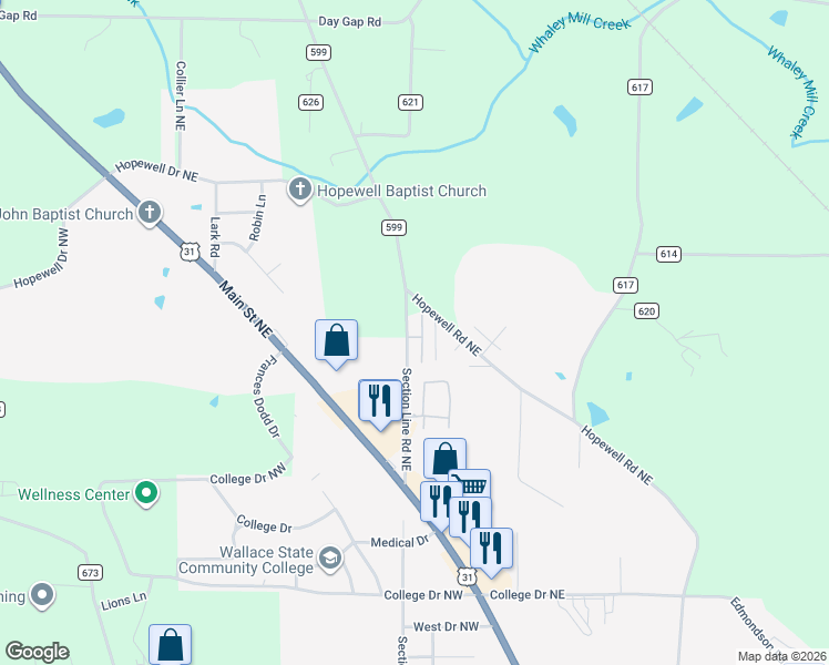 map of restaurants, bars, coffee shops, grocery stores, and more near 118 Sarah Beth Street in Hanceville