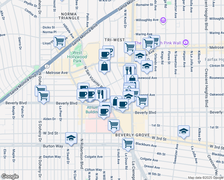 map of restaurants, bars, coffee shops, grocery stores, and more near 381 Huntley Drive in West Hollywood