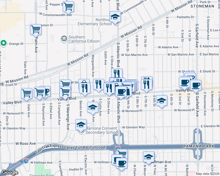map of restaurants, bars, coffee shops, grocery stores, and more near in Alhambra
