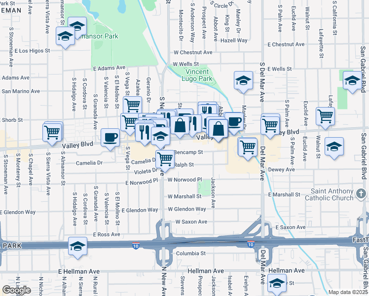 map of restaurants, bars, coffee shops, grocery stores, and more near 501 West Bencamp Street in San Gabriel