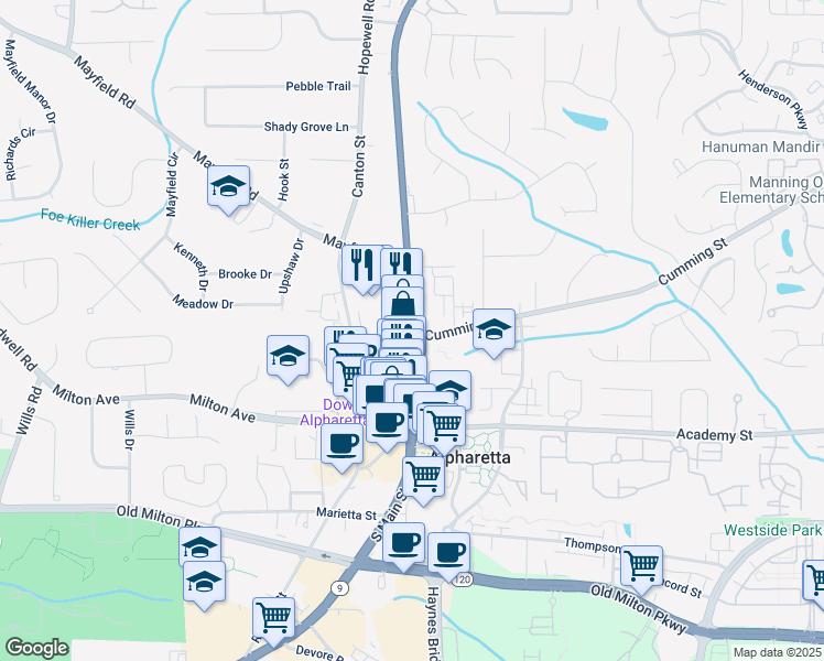 map of restaurants, bars, coffee shops, grocery stores, and more near 101 North Main Street in Alpharetta