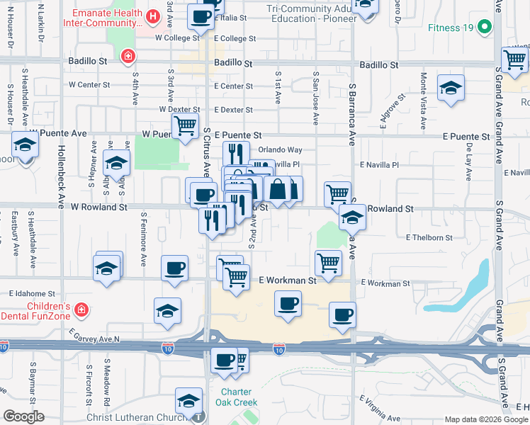map of restaurants, bars, coffee shops, grocery stores, and more near 248 East Rowland Street in Covina