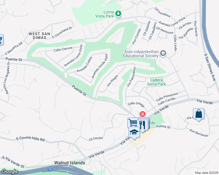 map of restaurants, bars, coffee shops, grocery stores, and more near 1722 Vía Alegre in San Dimas