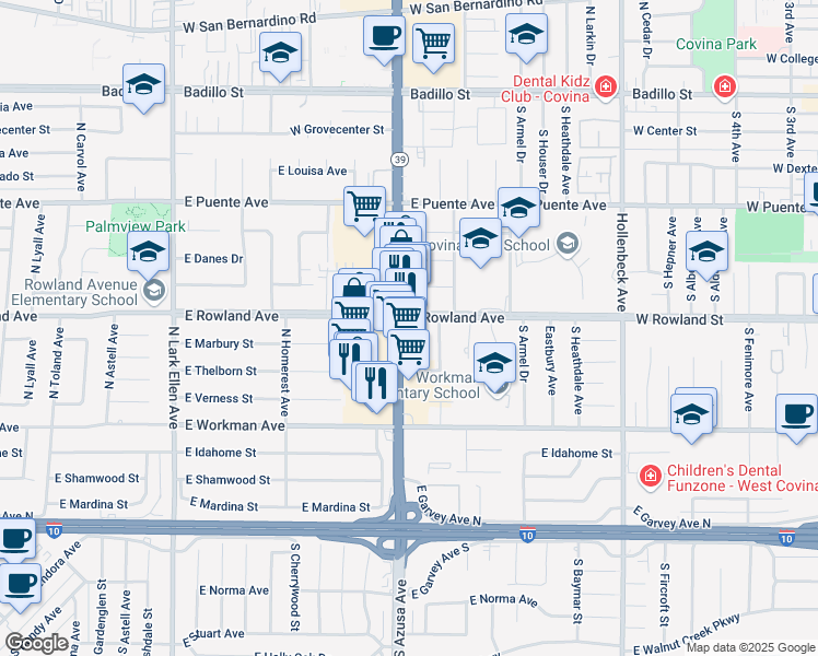 map of restaurants, bars, coffee shops, grocery stores, and more near 444 North Azusa Avenue in West Covina