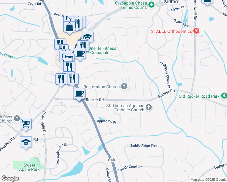 map of restaurants, bars, coffee shops, grocery stores, and more near 1055 Jordan Lane in Alpharetta