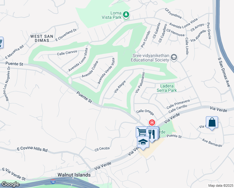 map of restaurants, bars, coffee shops, grocery stores, and more near 1722 Vía Alegre in San Dimas