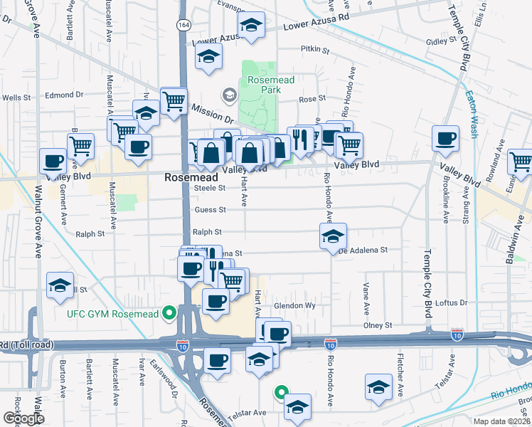 map of restaurants, bars, coffee shops, grocery stores, and more near 9234 Guess Street in Rosemead