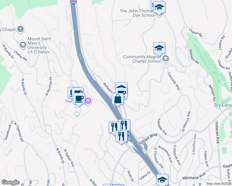 map of restaurants, bars, coffee shops, grocery stores, and more near 11715 Bellagio Road in Los Angeles