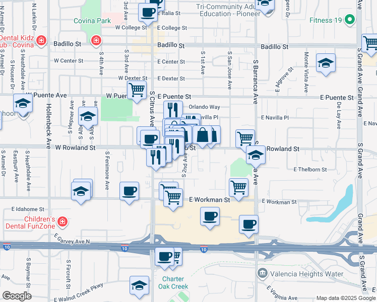 map of restaurants, bars, coffee shops, grocery stores, and more near 256 East Rowland Street in Covina