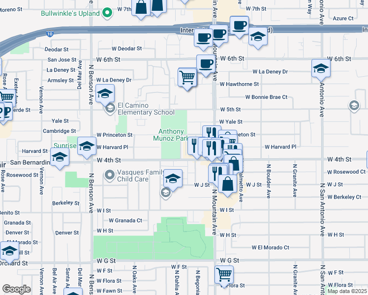 map of restaurants, bars, coffee shops, grocery stores, and more near 1206 West 4th Street in Ontario