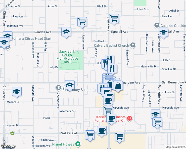 map of restaurants, bars, coffee shops, grocery stores, and more near 16770 San Bernardino Avenue in Fontana