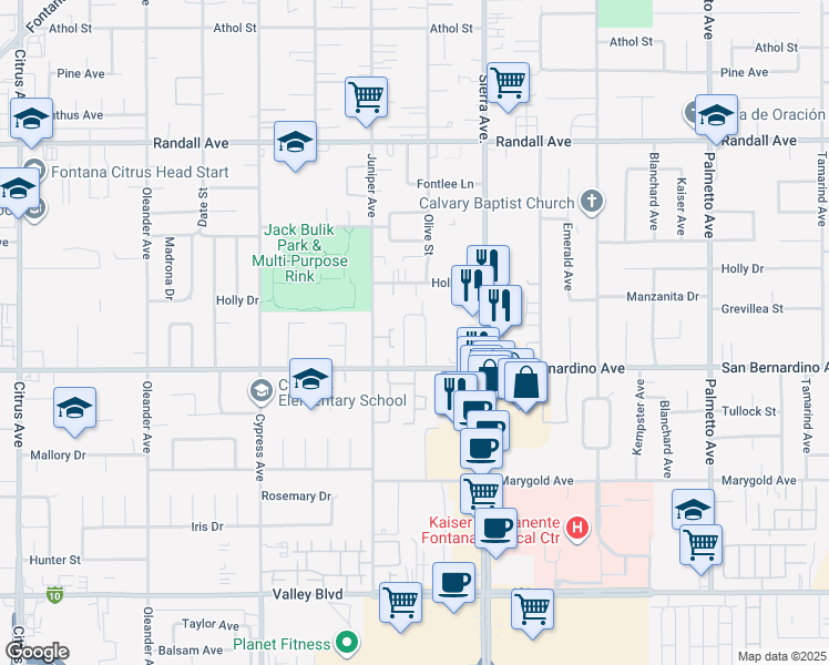 map of restaurants, bars, coffee shops, grocery stores, and more near 16770 San Bernardino Avenue in Fontana