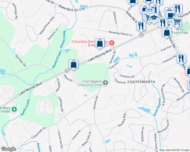 map of restaurants, bars, coffee shops, grocery stores, and more near 7123 Nursery Road in Columbia