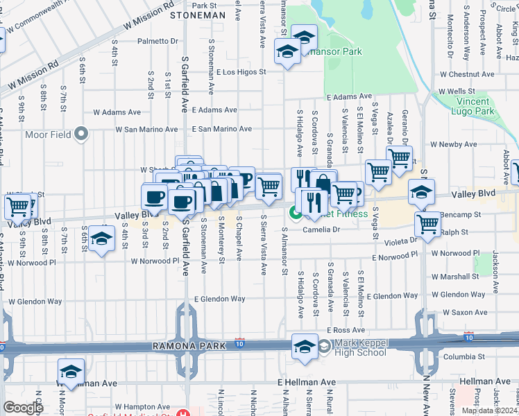 map of restaurants, bars, coffee shops, grocery stores, and more near 777 East Valley Boulevard in Alhambra