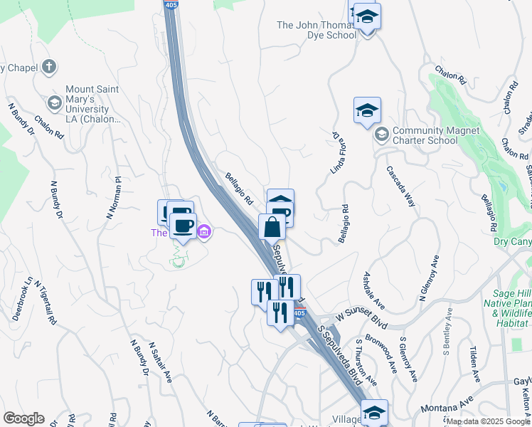 map of restaurants, bars, coffee shops, grocery stores, and more near 11715 Bellagio Road in Los Angeles