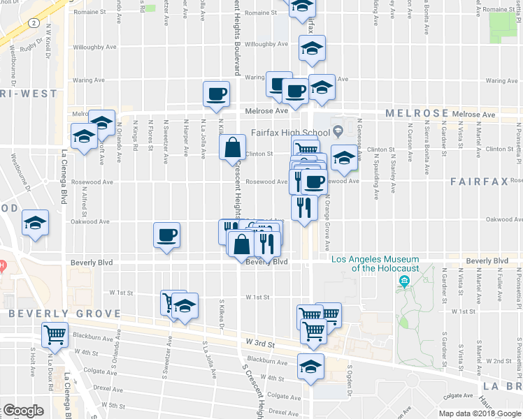 map of restaurants, bars, coffee shops, grocery stores, and more near 422 Laurel Avenue in Los Angeles