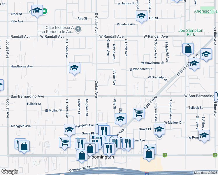 map of restaurants, bars, coffee shops, grocery stores, and more near 1201 West Miramont Street in Bloomington