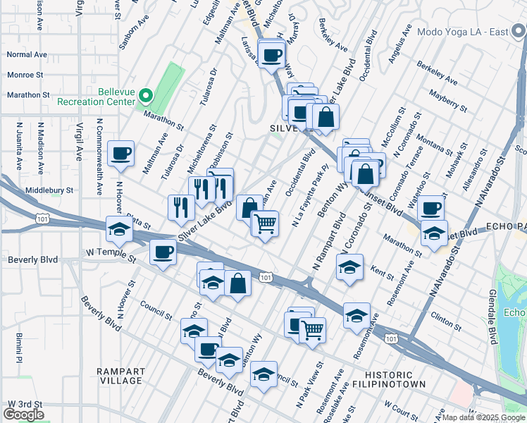 map of restaurants, bars, coffee shops, grocery stores, and more near 659 North Occidental Boulevard in Los Angeles