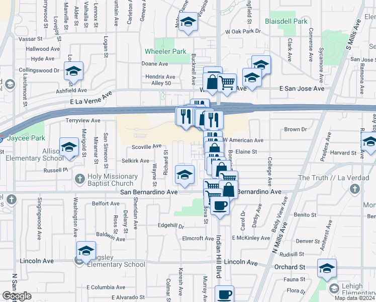 map of restaurants, bars, coffee shops, grocery stores, and more near 1945 Annandale Way in Pomona