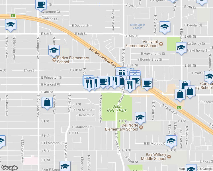 map of restaurants, bars, coffee shops, grocery stores, and more near 1119 North Virginia Avenue in Ontario