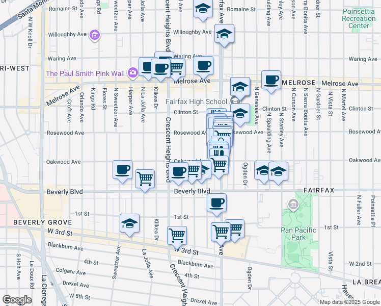 map of restaurants, bars, coffee shops, grocery stores, and more near 419 North Edinburgh Avenue in Los Angeles