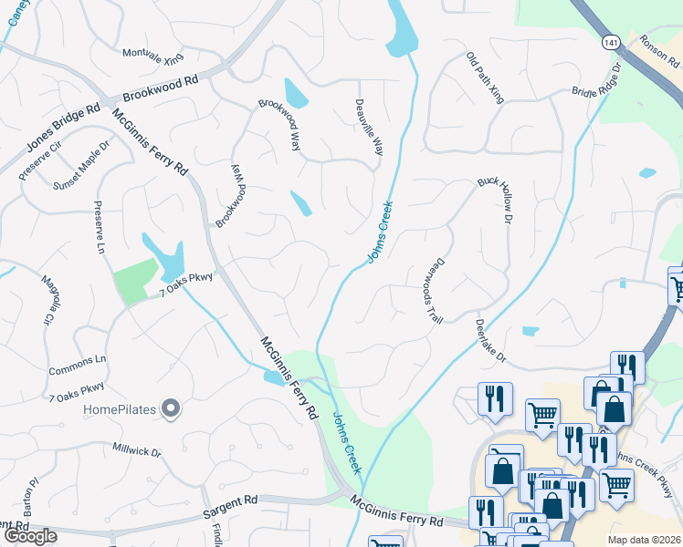 map of restaurants, bars, coffee shops, grocery stores, and more near 7330 Treyland Court in Cumming