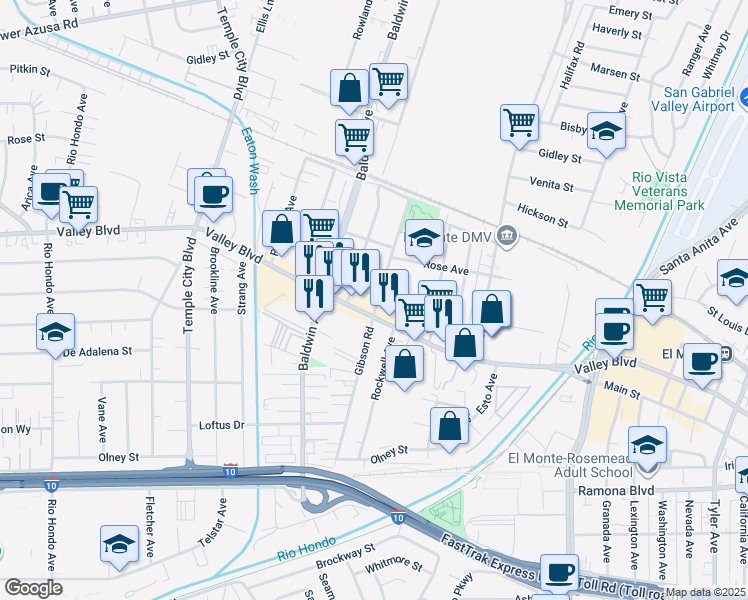 map of restaurants, bars, coffee shops, grocery stores, and more near 10117 Valley Boulevard in El Monte