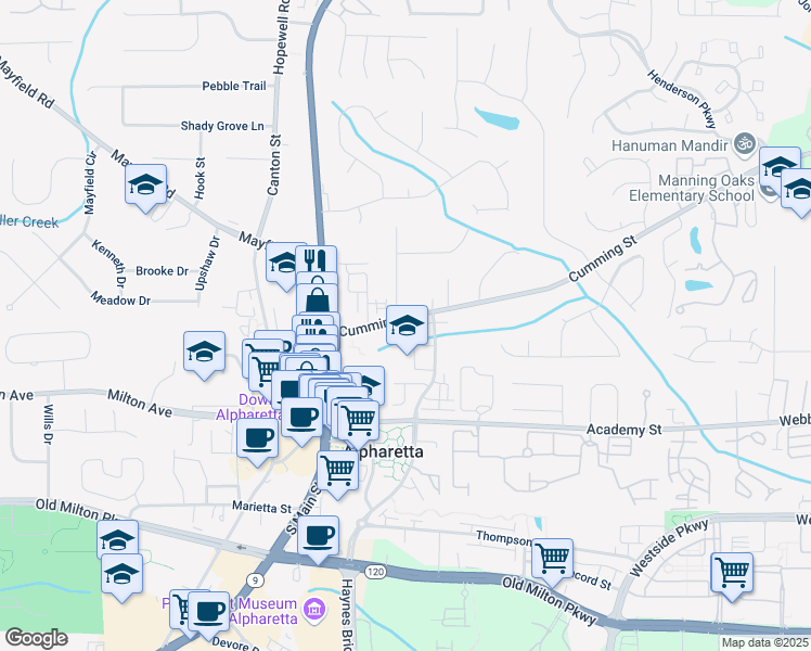 map of restaurants, bars, coffee shops, grocery stores, and more near 105 Cumming Street in Alpharetta