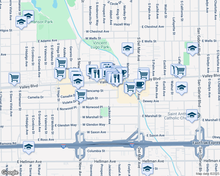 map of restaurants, bars, coffee shops, grocery stores, and more near 301 West Bencamp Street in San Gabriel