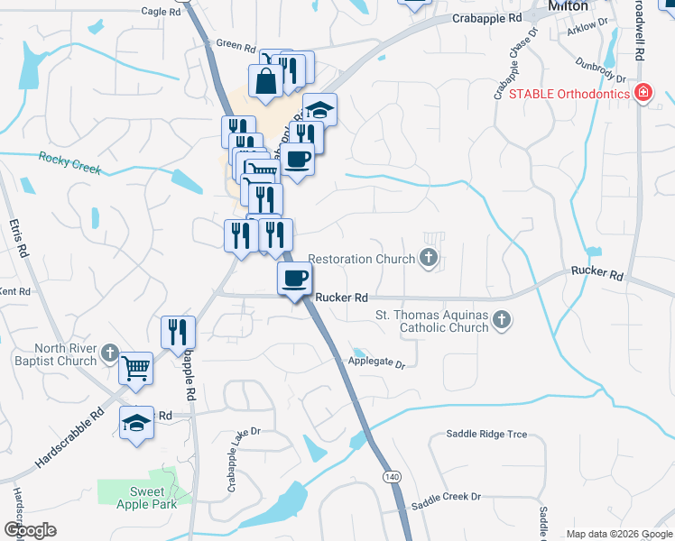 map of restaurants, bars, coffee shops, grocery stores, and more near 640 Mae Lane in Alpharetta
