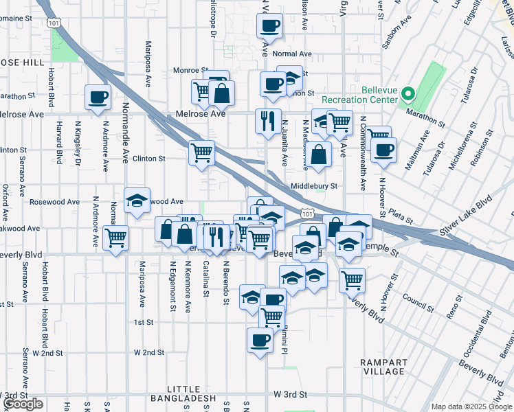 map of restaurants, bars, coffee shops, grocery stores, and more near 4016 Rosewood Avenue in Los Angeles