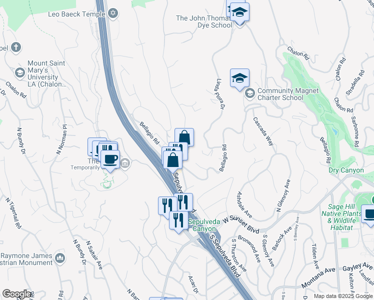 map of restaurants, bars, coffee shops, grocery stores, and more near 850 Moraga Drive in Los Angeles