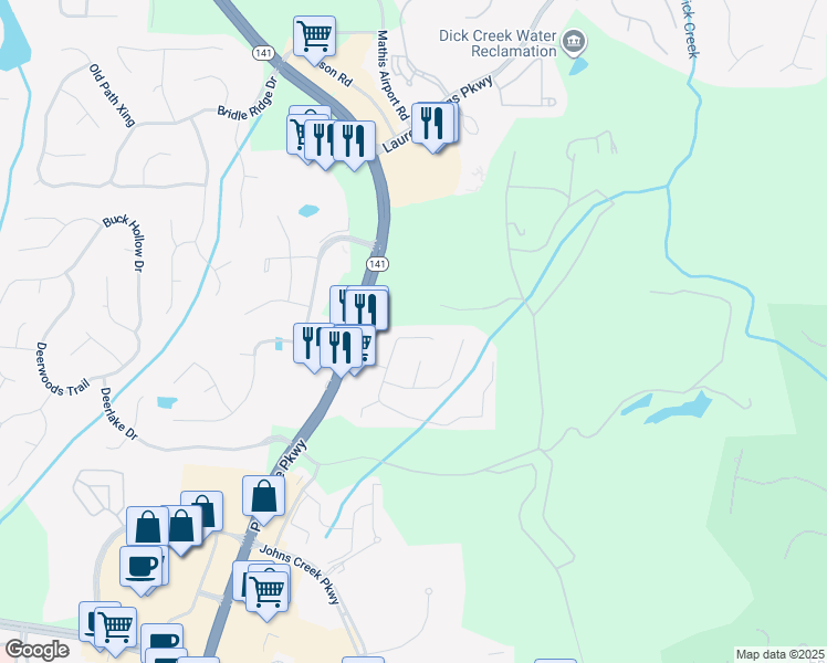 map of restaurants, bars, coffee shops, grocery stores, and more near 3390 Dalwood Drive in Suwanee