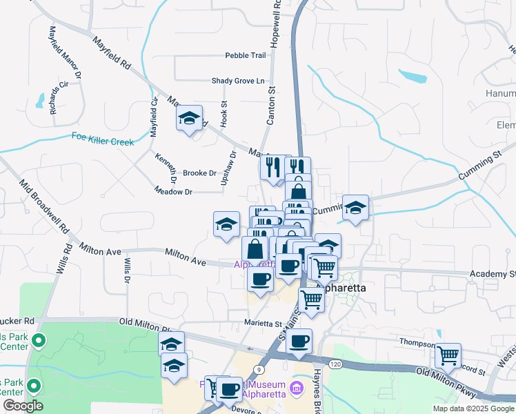 map of restaurants, bars, coffee shops, grocery stores, and more near 540 Rose Garden Lane in Alpharetta